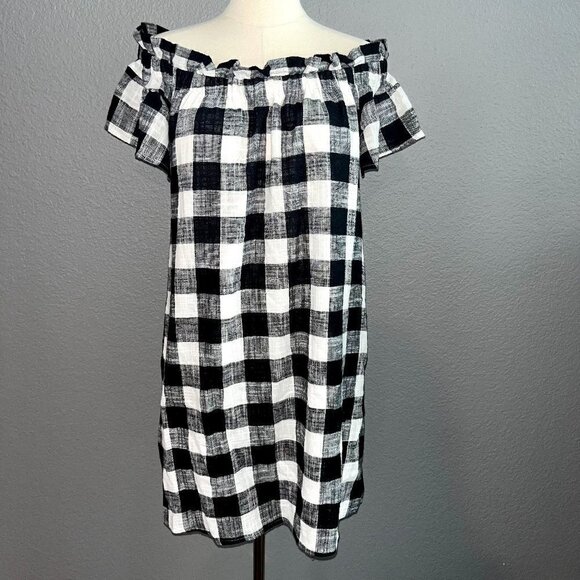 Anthropologie COREY LYNN CALTER Linen Blend Black White Buffalo Plaid Mini Dress - Picture 1 of 12